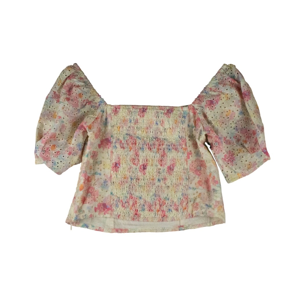ASTR The Label Women S Floral Eyelet Top Cottagecore Peasant Smocked Puff Sleeve - Picture 3 of 10